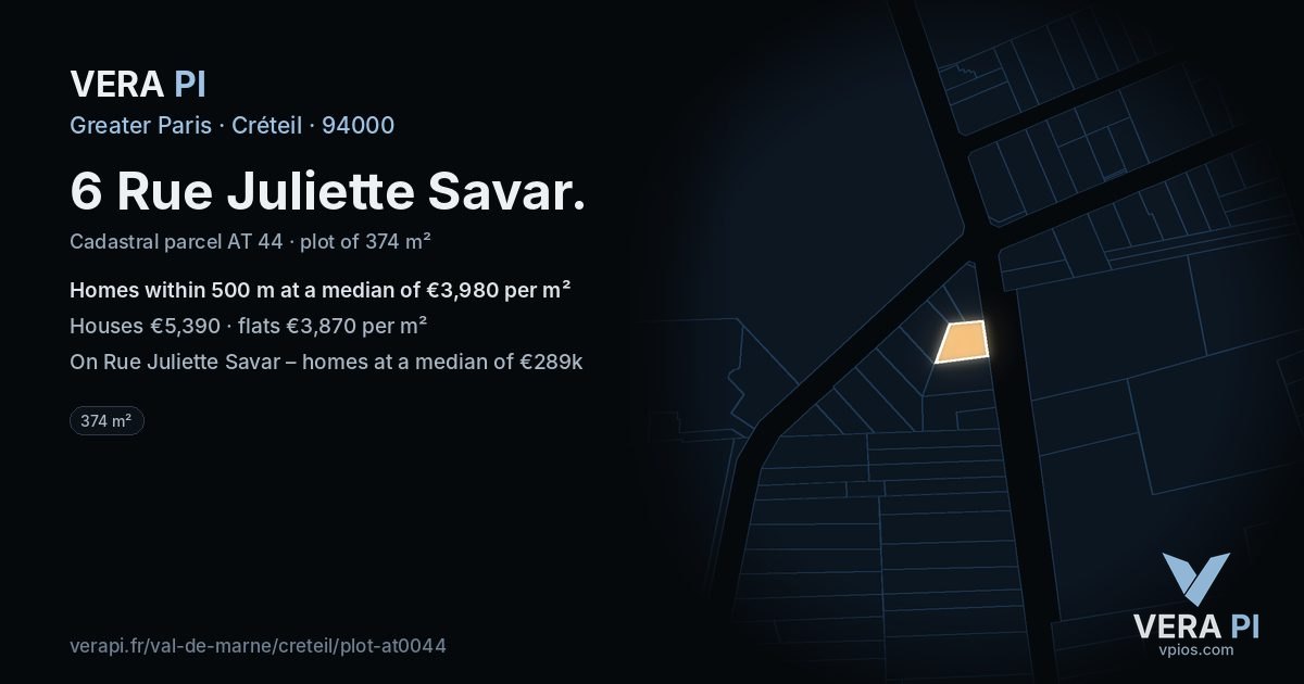 6 Rue Juliette Savar, Créteil at night – the plot lit, the parcels around coloured by the prices near them