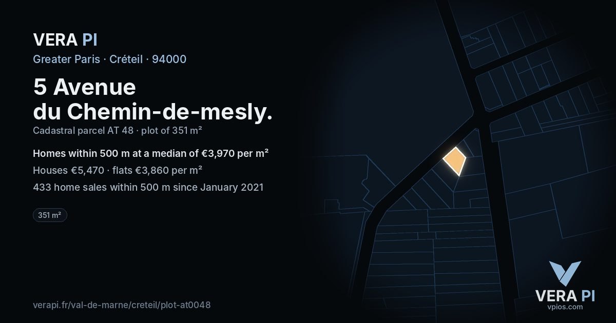 5 Avenue du Chemin-de-mesly, Créteil at night – the plot lit, the parcels around coloured by the prices near them