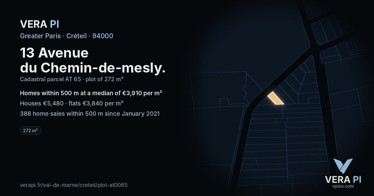 13 Avenue du Chemin-de-mesly, Créteil at night – the plot lit, the parcels around coloured by the prices near them