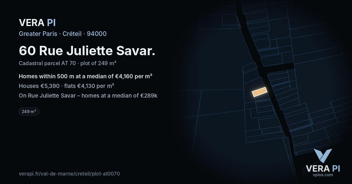 60 Rue Juliette Savar, Créteil at night – the plot lit, the parcels around coloured by the prices near them