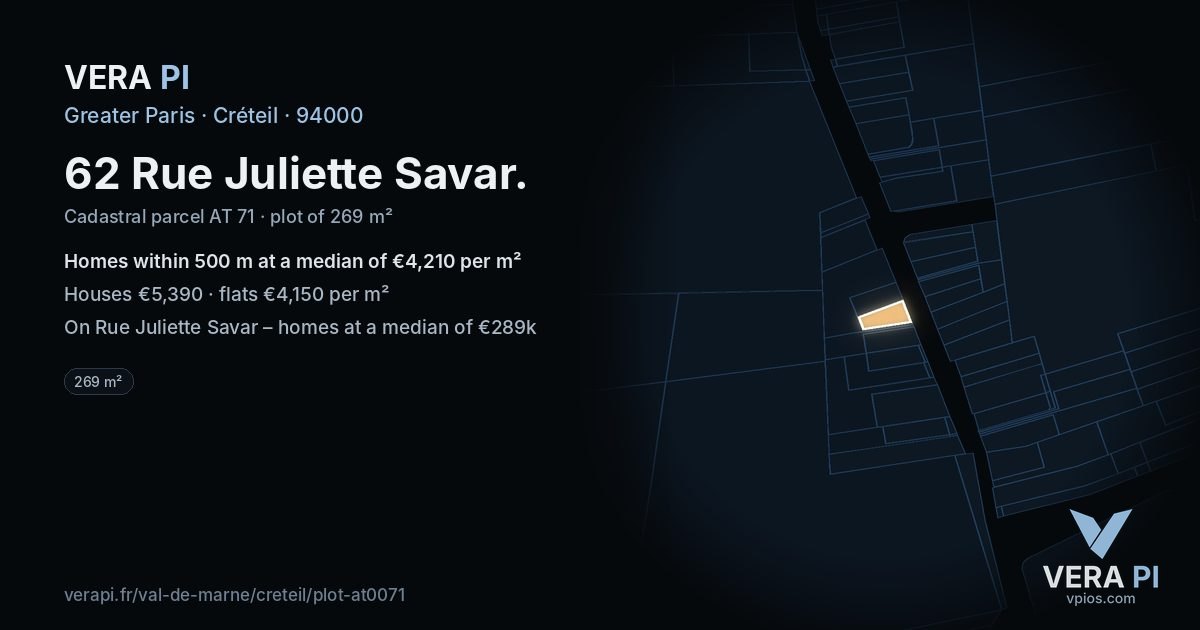 62 Rue Juliette Savar, Créteil at night – the plot lit, the parcels around coloured by the prices near them