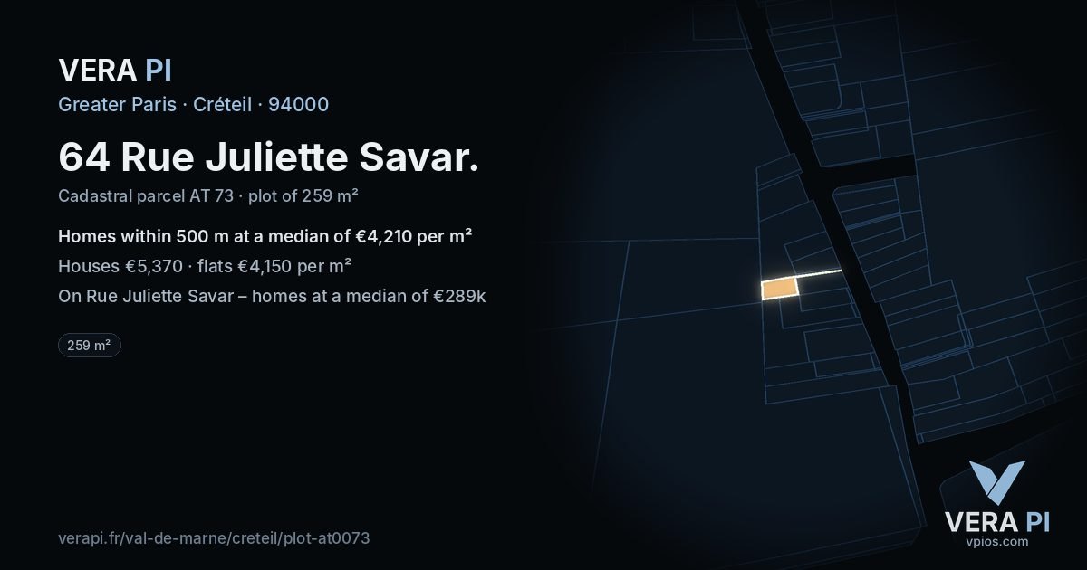 64 Rue Juliette Savar, Créteil at night – the plot lit, the parcels around coloured by the prices near them