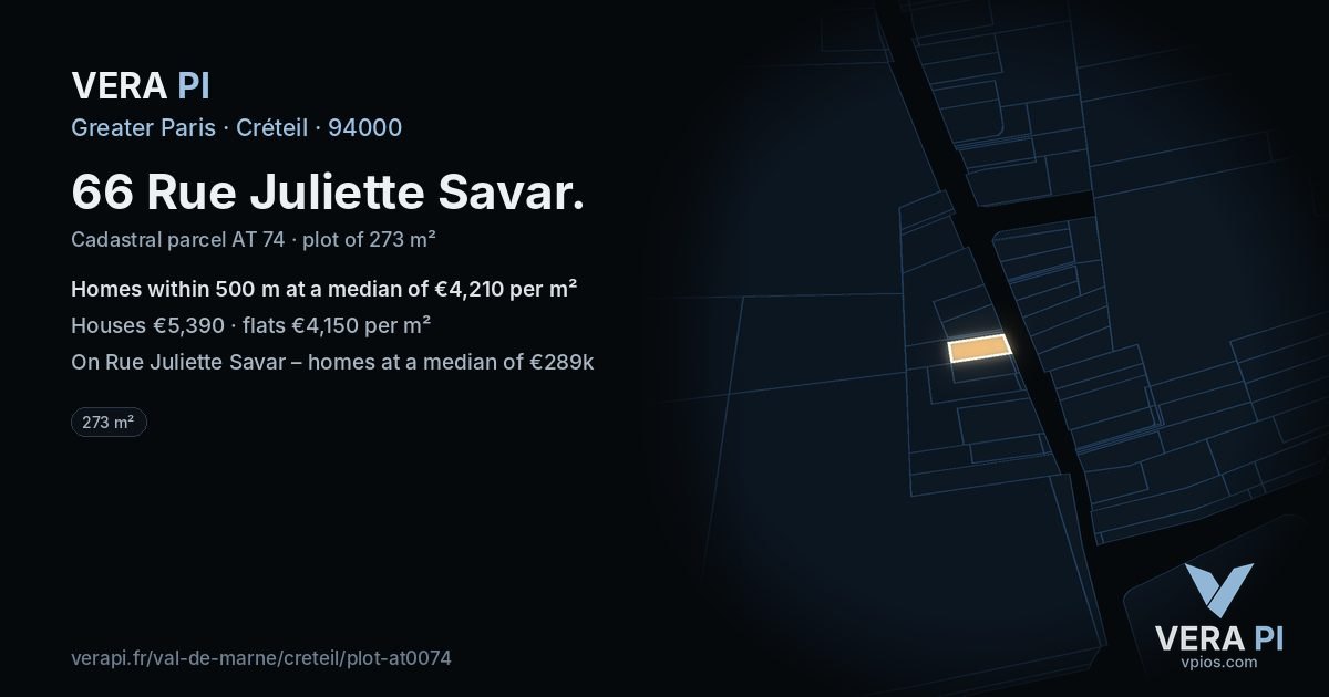 66 Rue Juliette Savar, Créteil at night – the plot lit, the parcels around coloured by the prices near them