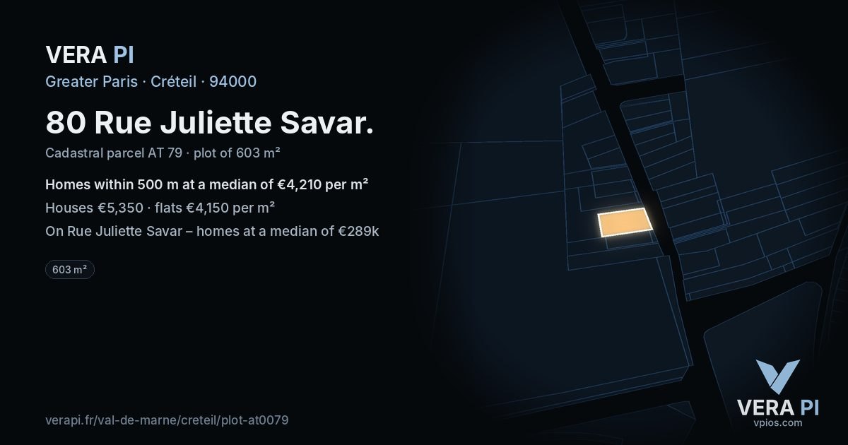 80 Rue Juliette Savar, Créteil at night – the plot lit, the parcels around coloured by the prices near them