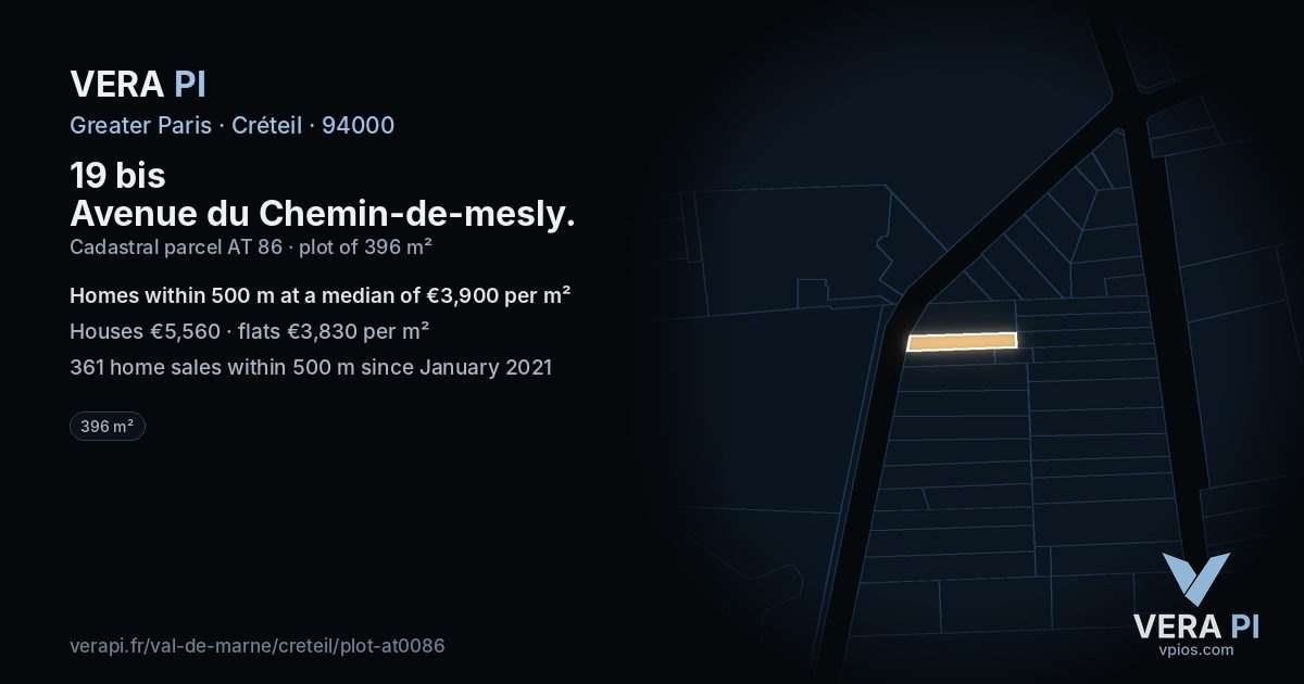 19 bis Avenue du Chemin-de-mesly, Créteil at night – the plot lit, the parcels around coloured by the prices near them