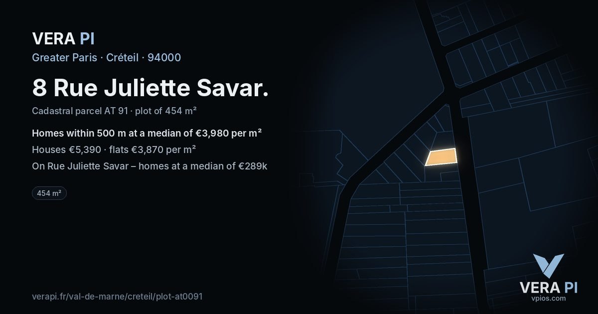 8 Rue Juliette Savar, Créteil at night – the plot lit, the parcels around coloured by the prices near them