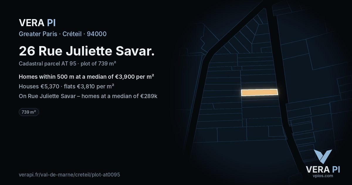 26 Rue Juliette Savar, Créteil at night – the plot lit, the parcels around coloured by the prices near them