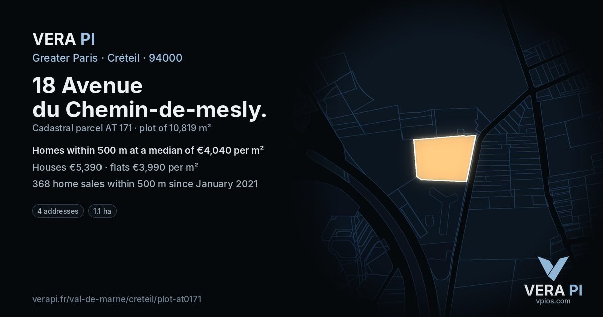 18 Avenue du Chemin-de-mesly, Créteil at night – the plot lit, the parcels around coloured by the prices near them