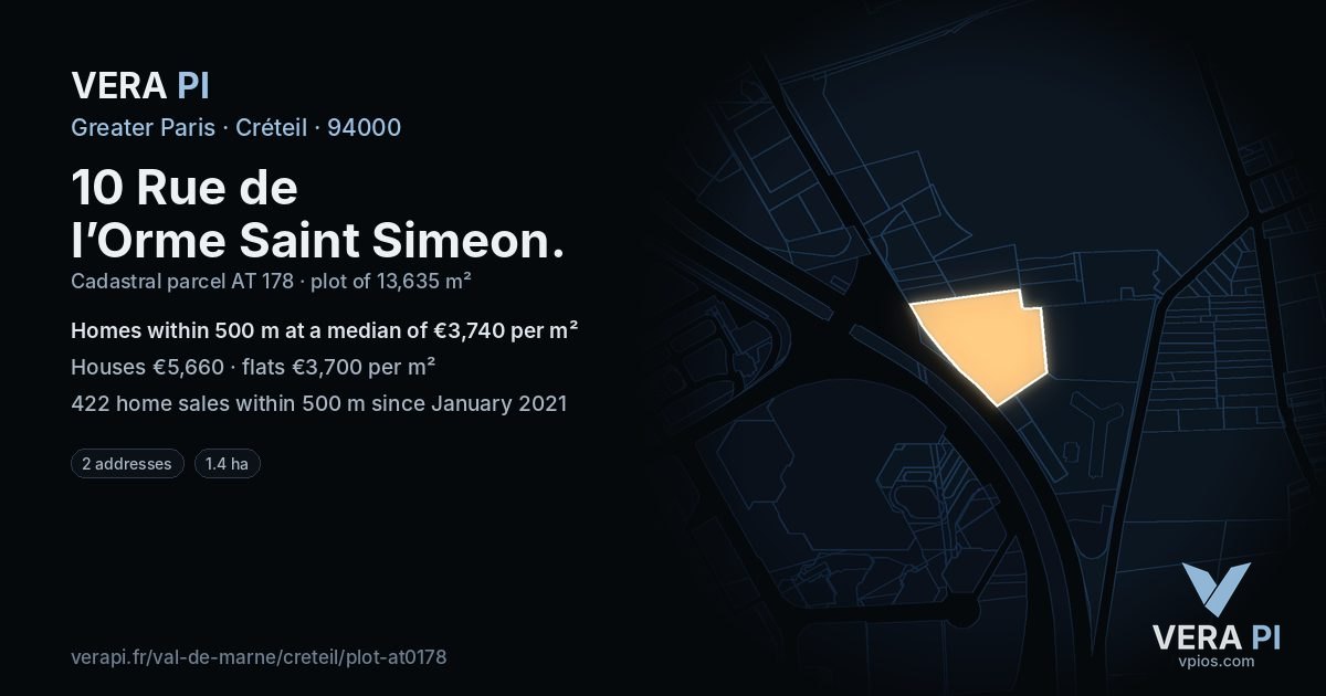 10 Rue de l’Orme Saint Simeon, Créteil at night – the plot lit, the parcels around coloured by the prices near them