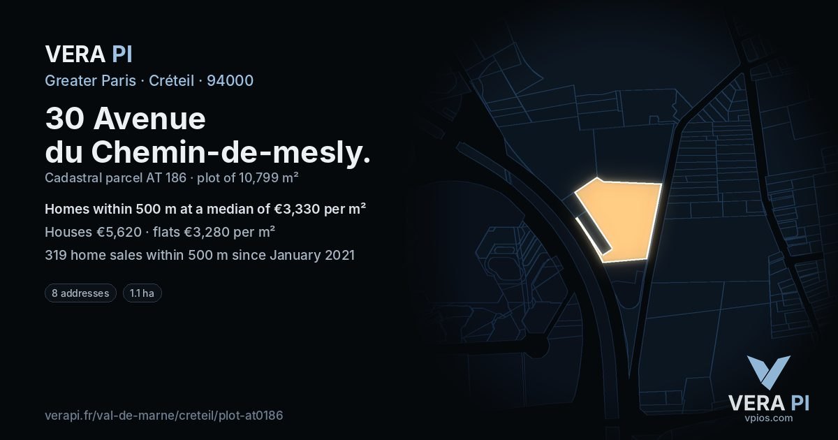 30 Avenue du Chemin-de-mesly, Créteil at night – the plot lit, the parcels around coloured by the prices near them