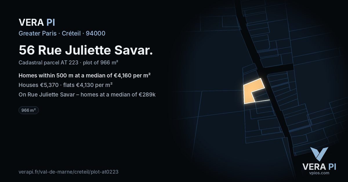 56 Rue Juliette Savar, Créteil at night – the plot lit, the parcels around coloured by the prices near them