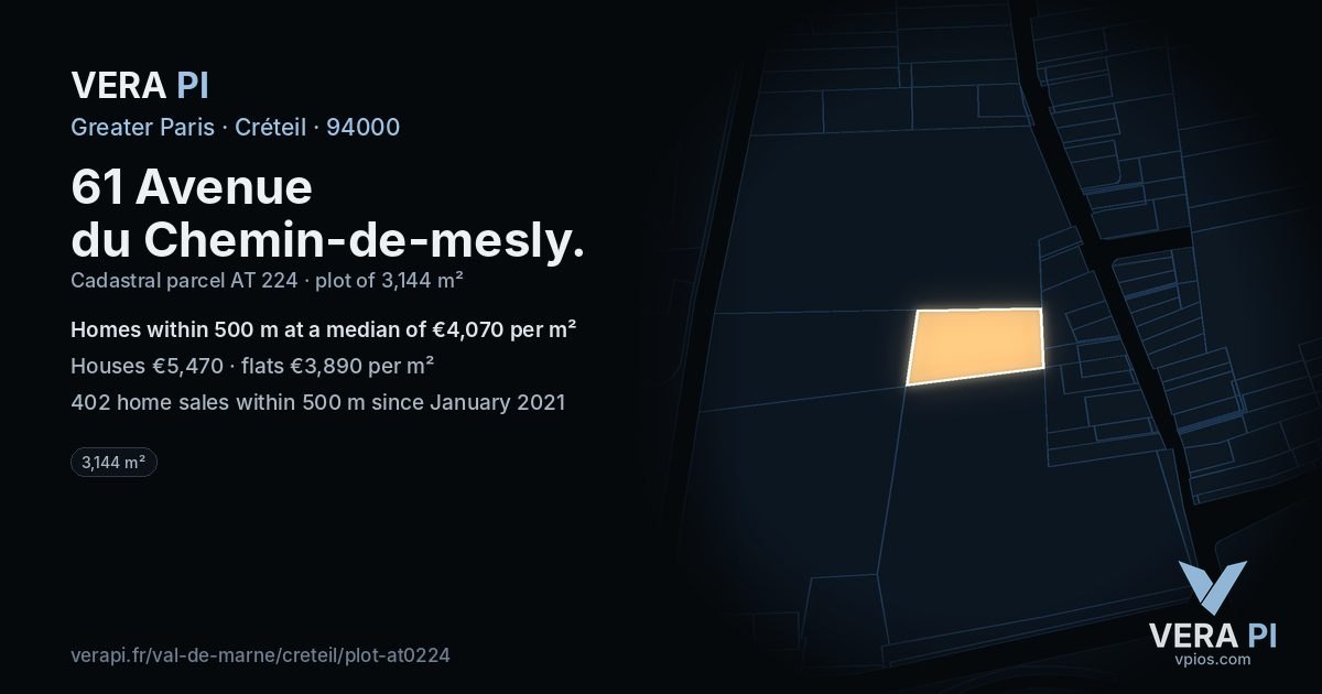 61 Avenue du Chemin-de-mesly, Créteil at night – the plot lit, the parcels around coloured by the prices near them