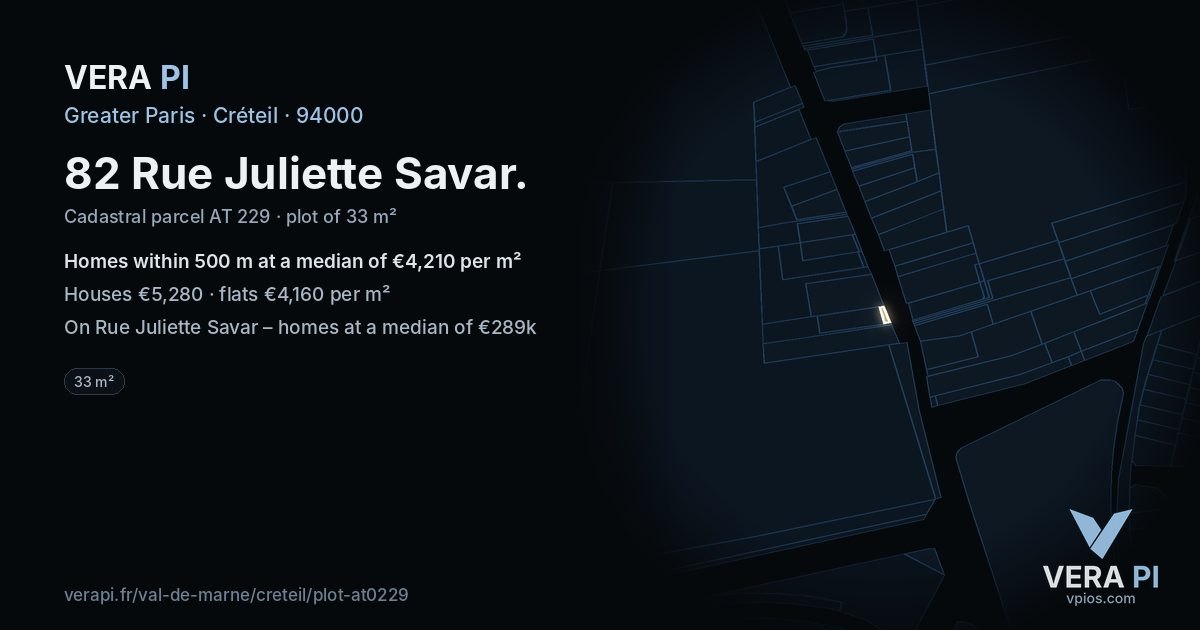 82 Rue Juliette Savar, Créteil at night – the plot lit, the parcels around coloured by the prices near them