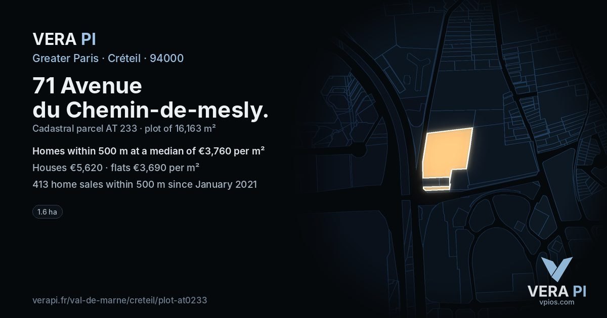71 Avenue du Chemin-de-mesly, Créteil at night – the plot lit, the parcels around coloured by the prices near them