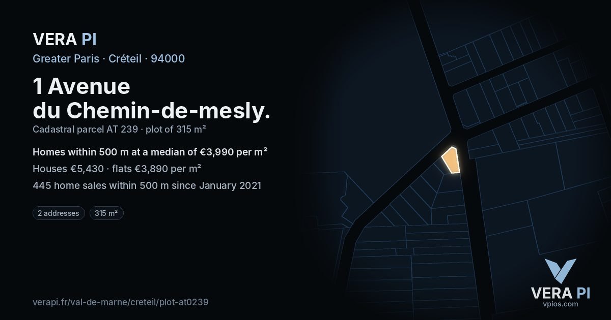 1 Avenue du Chemin-de-mesly, Créteil at night – the plot lit, the parcels around coloured by the prices near them