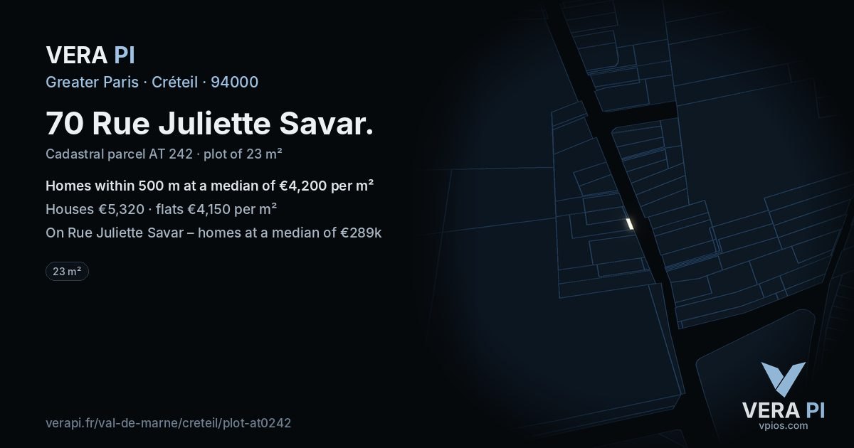 70 Rue Juliette Savar, Créteil at night – the plot lit, the parcels around coloured by the prices near them