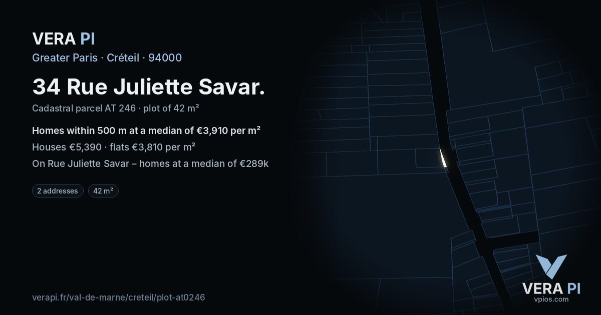 34 Rue Juliette Savar, Créteil at night – the plot lit, the parcels around coloured by the prices near them