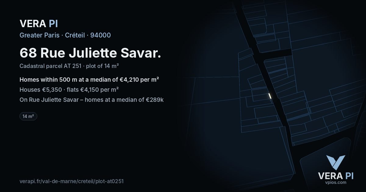 68 Rue Juliette Savar, Créteil at night – the plot lit, the parcels around coloured by the prices near them
