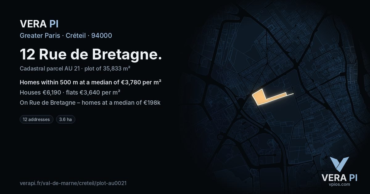 12 Rue de Bretagne, Créteil at night – the plot lit, the parcels around coloured by the prices near them