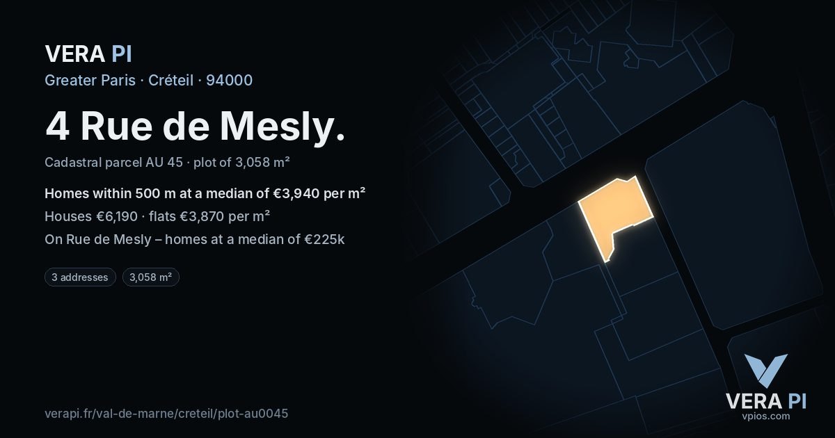 4 Rue de Mesly, Créteil at night – the plot lit, the parcels around coloured by the prices near them
