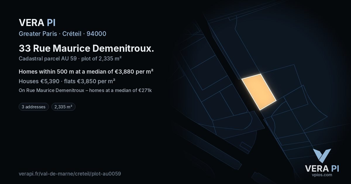 33 Rue Maurice Demenitroux, Créteil at night – the plot lit, the parcels around coloured by the prices near them