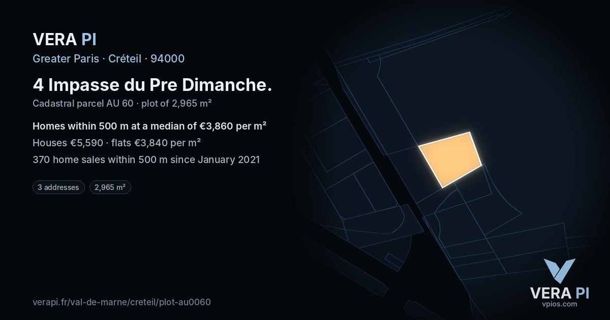 4 Impasse du Pre Dimanche, Créteil at night – the plot lit, the parcels around coloured by the prices near them