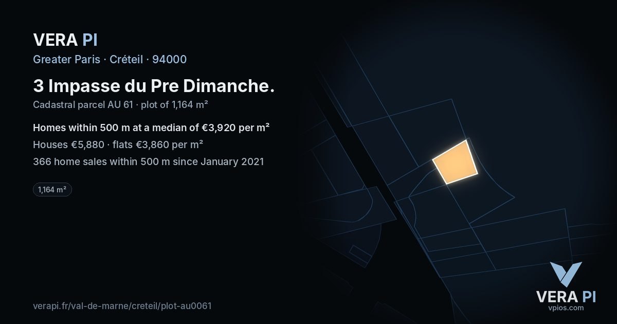 3 Impasse du Pre Dimanche, Créteil at night – the plot lit, the parcels around coloured by the prices near them