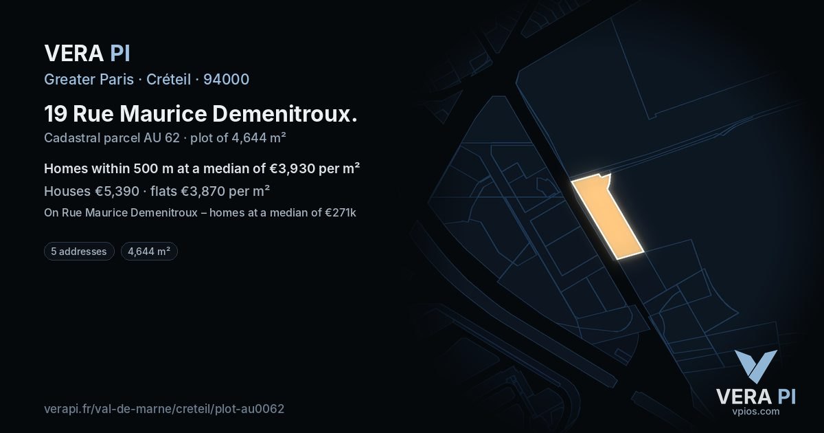19 Rue Maurice Demenitroux, Créteil at night – the plot lit, the parcels around coloured by the prices near them