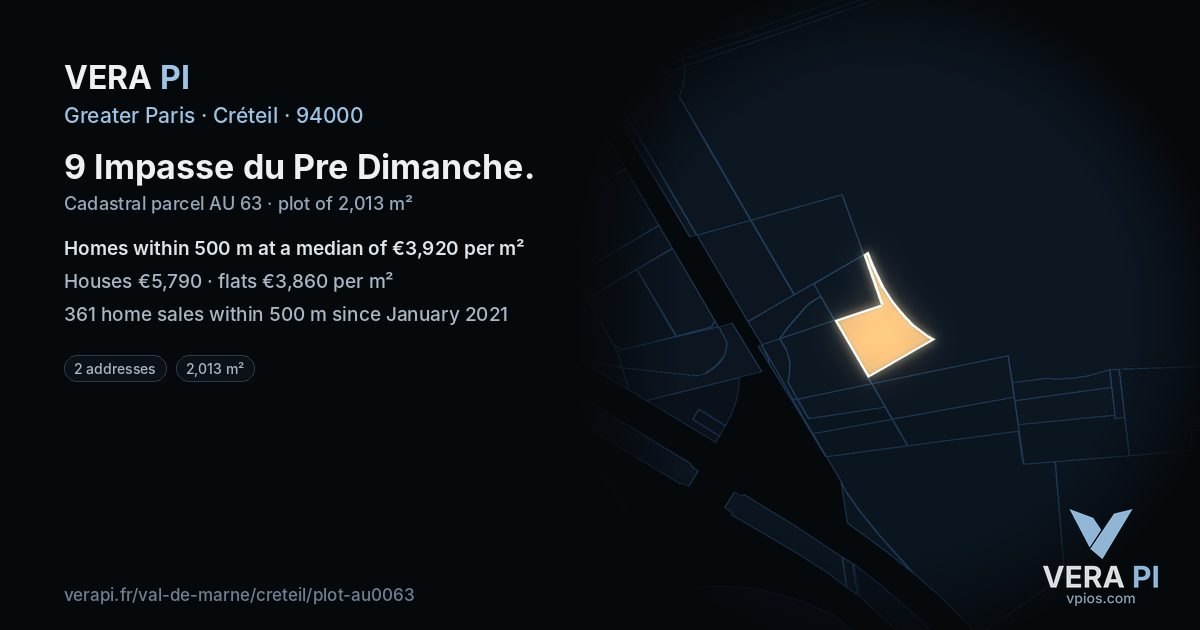9 Impasse du Pre Dimanche, Créteil at night – the plot lit, the parcels around coloured by the prices near them