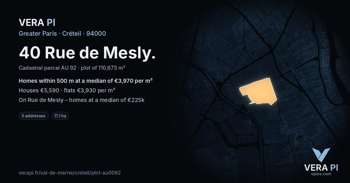 40 Rue de Mesly, Créteil at night – the plot lit, the parcels around coloured by the prices near them