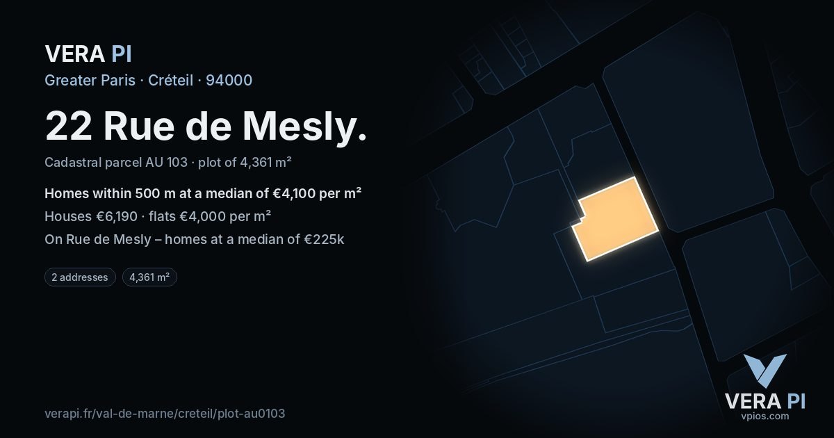 22 Rue de Mesly, Créteil at night – the plot lit, the parcels around coloured by the prices near them