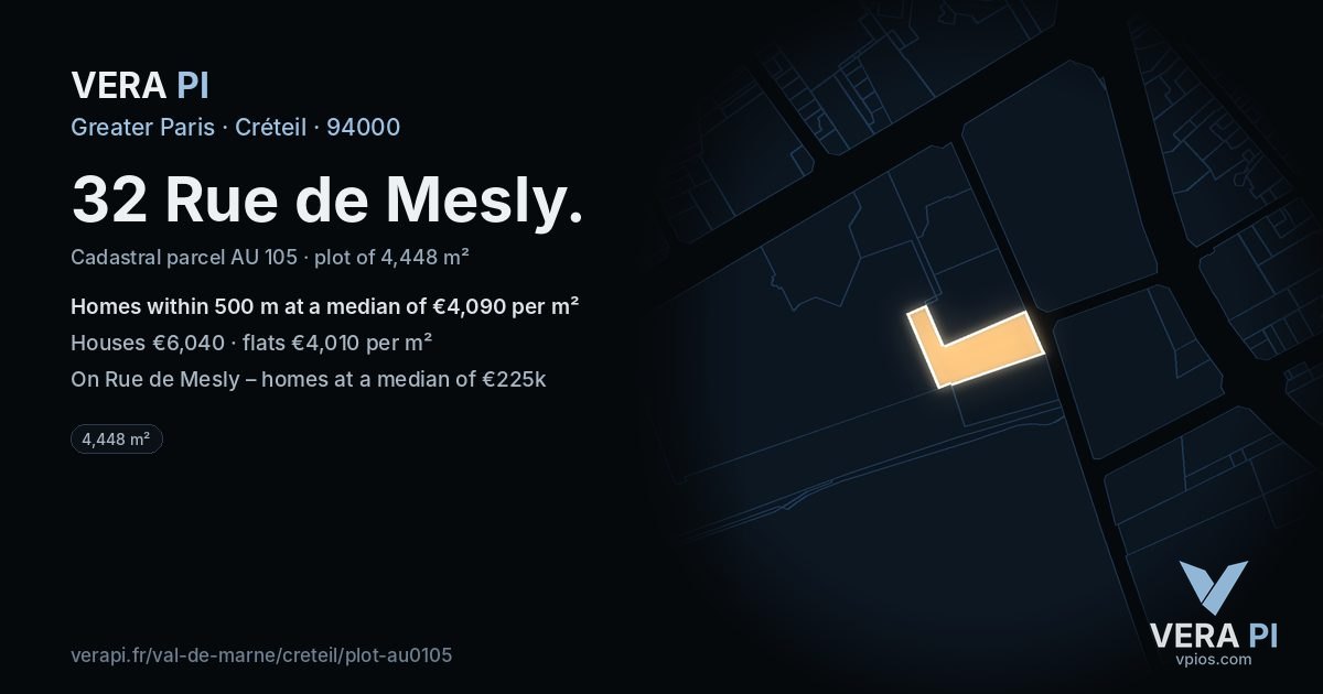 32 Rue de Mesly, Créteil at night – the plot lit, the parcels around coloured by the prices near them