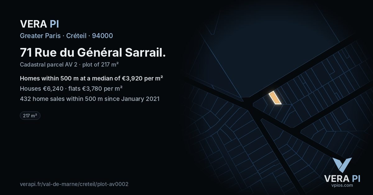 71 Rue du Général Sarrail, Créteil at night – the plot lit, the parcels around coloured by the prices near them