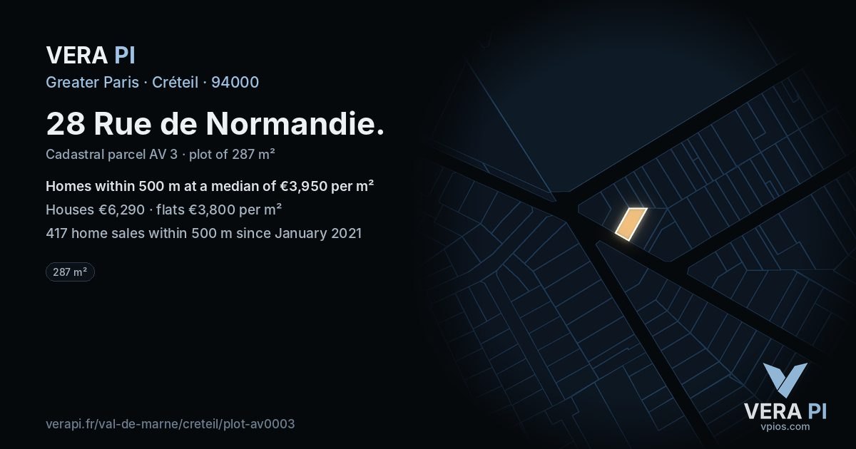 28 Rue de Normandie, Créteil at night – the plot lit, the parcels around coloured by the prices near them