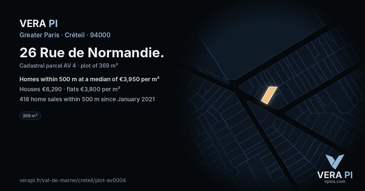 26 Rue de Normandie, Créteil at night – the plot lit, the parcels around coloured by the prices near them