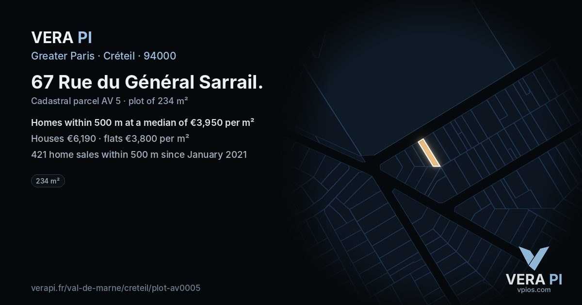 67 Rue du Général Sarrail, Créteil at night – the plot lit, the parcels around coloured by the prices near them