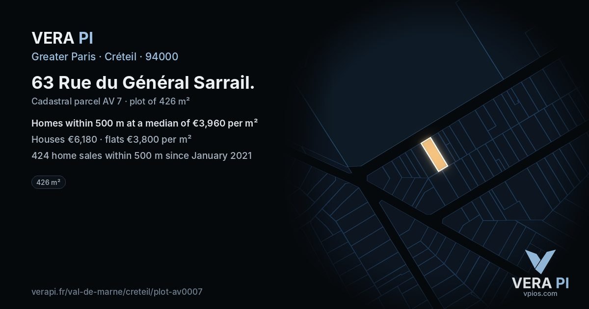 63 Rue du Général Sarrail, Créteil at night – the plot lit, the parcels around coloured by the prices near them