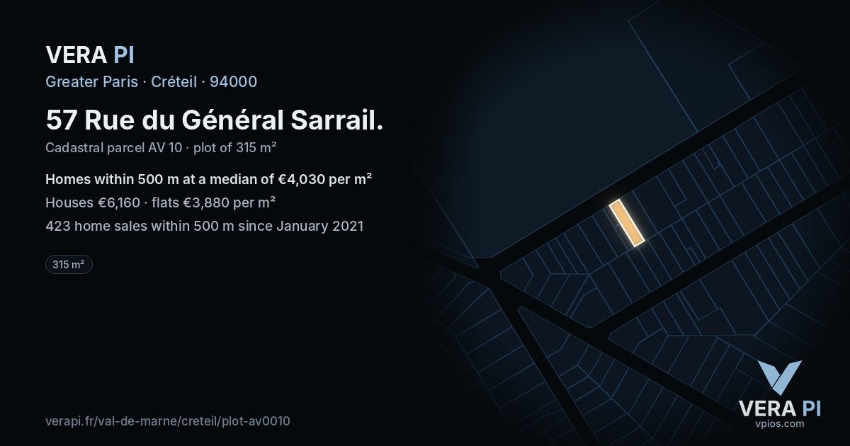 57 Rue du Général Sarrail, Créteil at night – the plot lit, the parcels around coloured by the prices near them