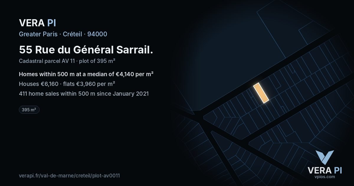 55 Rue du Général Sarrail, Créteil at night – the plot lit, the parcels around coloured by the prices near them