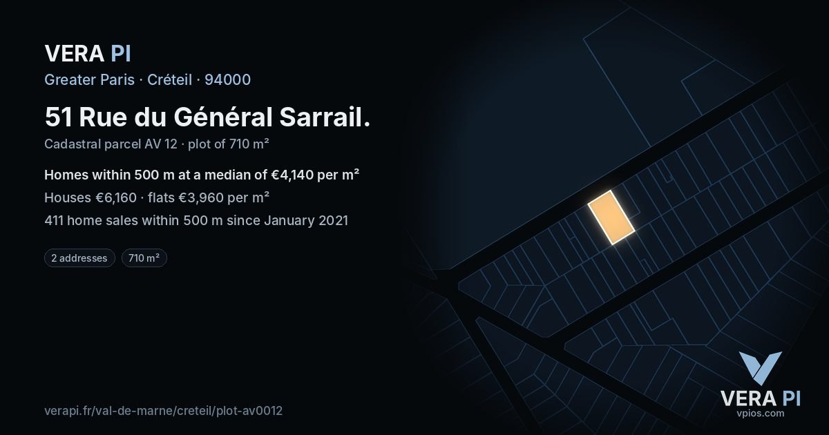 51 Rue du Général Sarrail, Créteil at night – the plot lit, the parcels around coloured by the prices near them