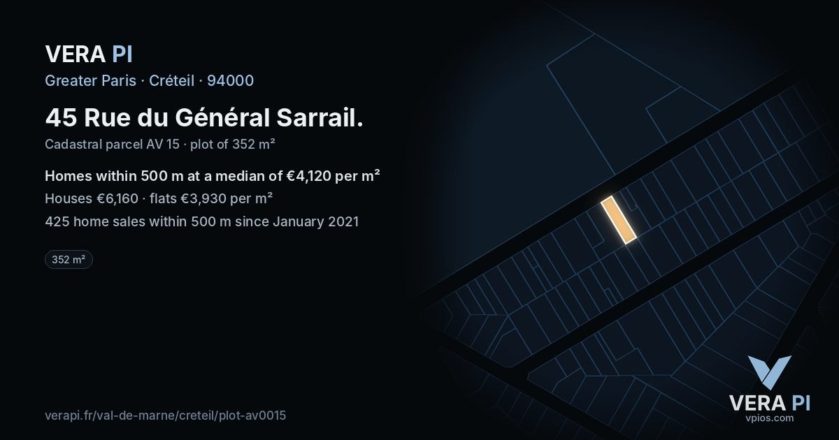 45 Rue du Général Sarrail, Créteil at night – the plot lit, the parcels around coloured by the prices near them