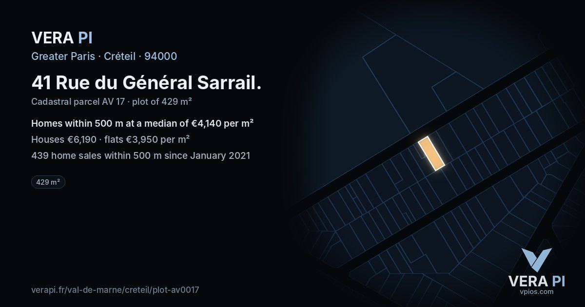 41 Rue du Général Sarrail, Créteil at night – the plot lit, the parcels around coloured by the prices near them