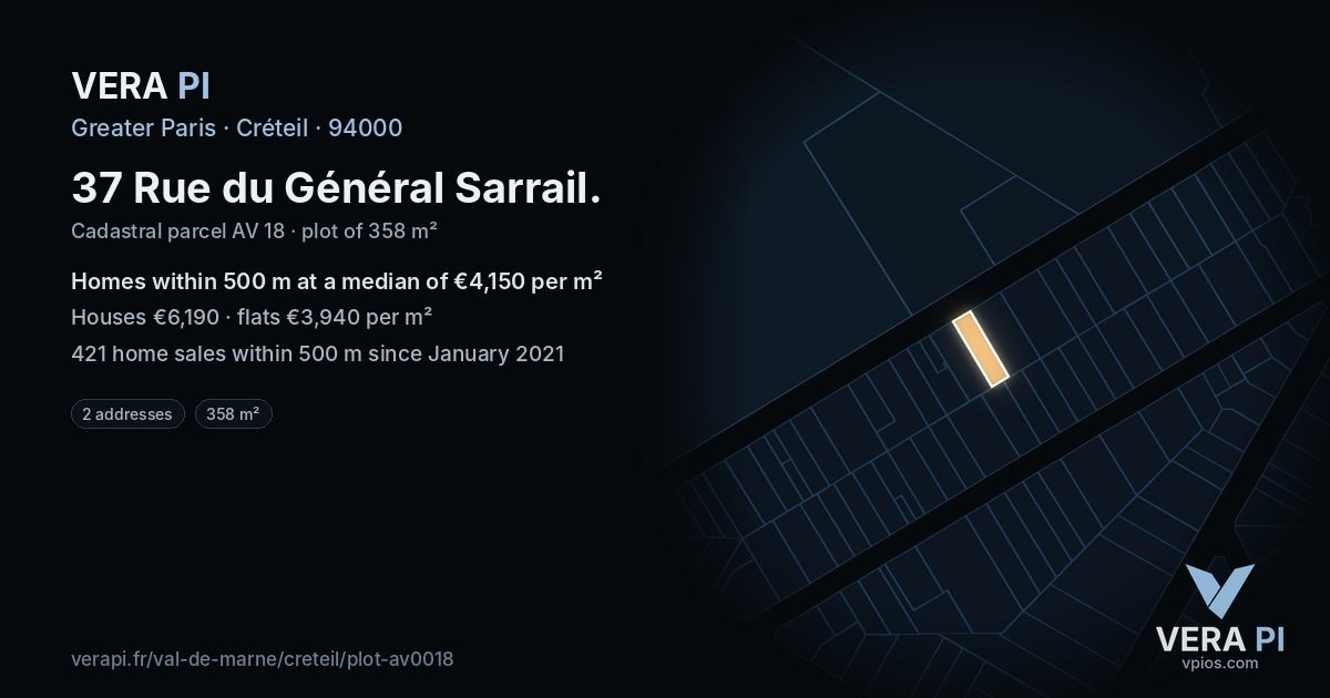 37 Rue du Général Sarrail, Créteil at night – the plot lit, the parcels around coloured by the prices near them