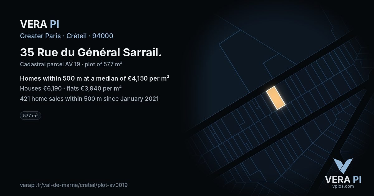 35 Rue du Général Sarrail, Créteil at night – the plot lit, the parcels around coloured by the prices near them
