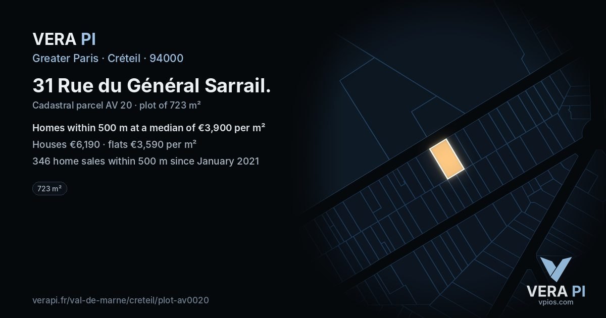 31 Rue du Général Sarrail, Créteil at night – the plot lit, the parcels around coloured by the prices near them