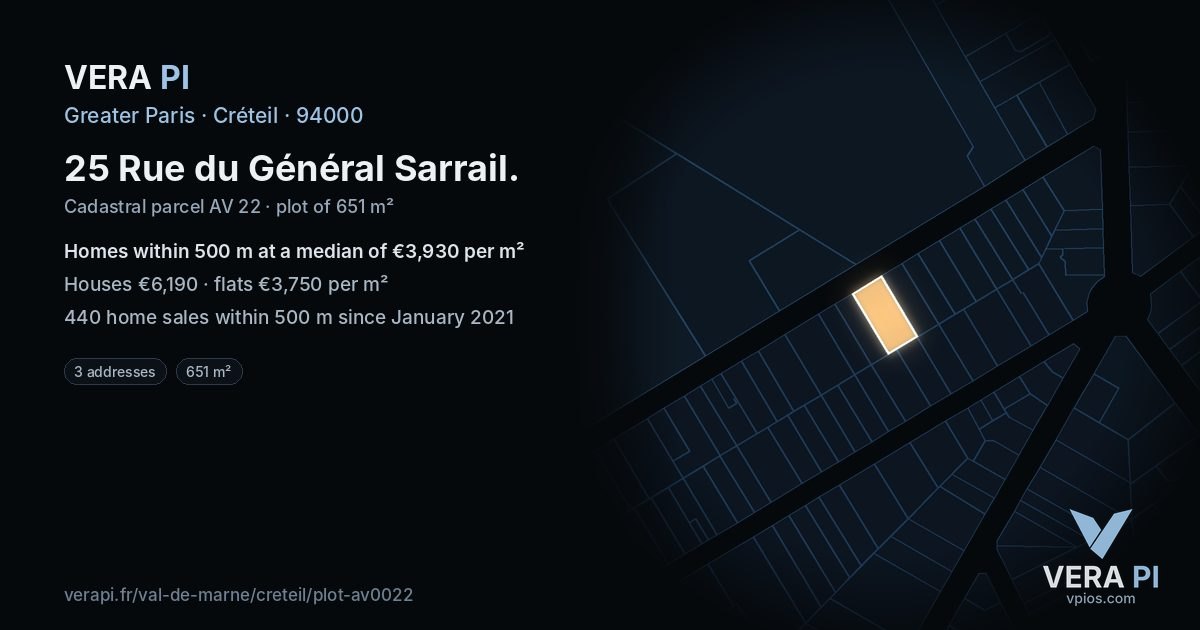 25 Rue du Général Sarrail, Créteil at night – the plot lit, the parcels around coloured by the prices near them