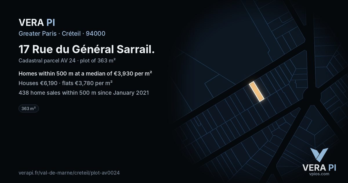 17 Rue du Général Sarrail, Créteil at night – the plot lit, the parcels around coloured by the prices near them