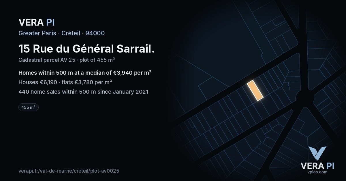 15 Rue du Général Sarrail, Créteil at night – the plot lit, the parcels around coloured by the prices near them