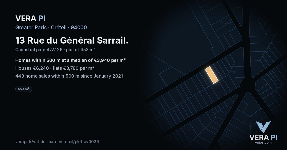 13 Rue du Général Sarrail, Créteil at night – the plot lit, the parcels around coloured by the prices near them