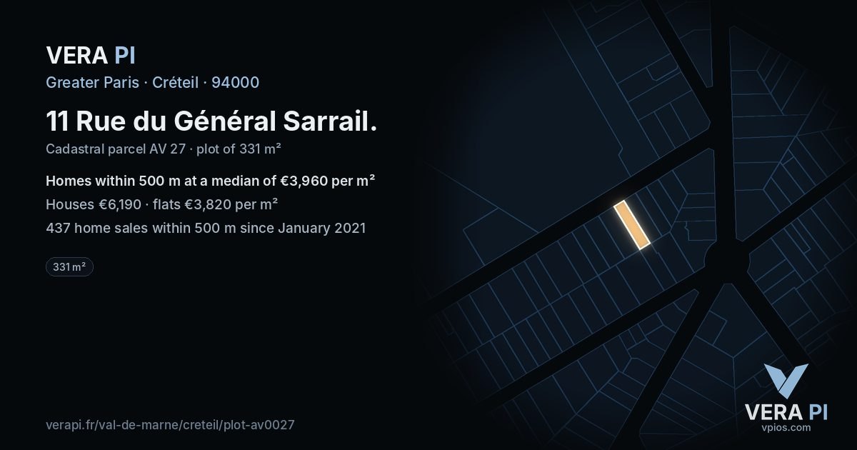 11 Rue du Général Sarrail, Créteil at night – the plot lit, the parcels around coloured by the prices near them